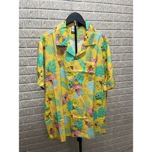 SpongeBob SquarePants Tropical Hawaiian Shirt Yellow Mens Large Patrick Gary L